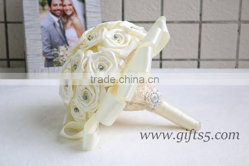 White handmade satin rose wedding bouquet with crystal