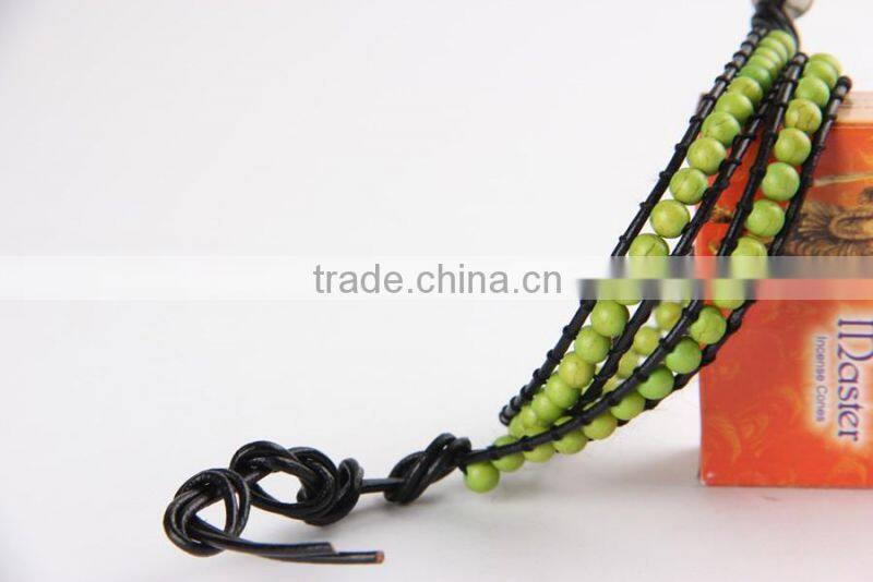 6mm natural green turquoise stone bracelet, genuine stone bracelet, handmade woven leather bracelet