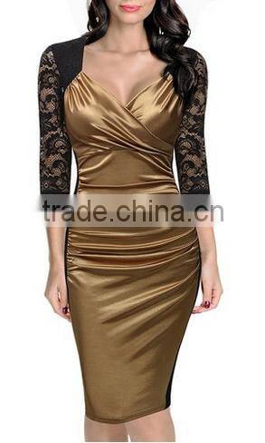 Women's Deep-V Neck Ruffles Floral Lace Fitted Retro Evening Pencil Dress