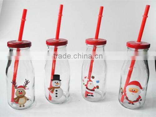 christmas use glass cow milk drinking bottles with red lid and straw