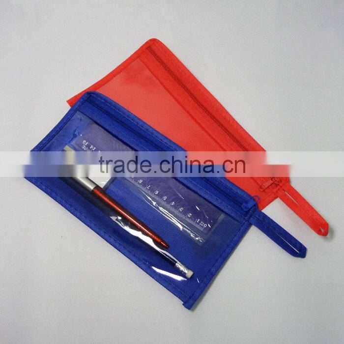 Hot selling cheap non woven clear PVC office pencil bag with zipper