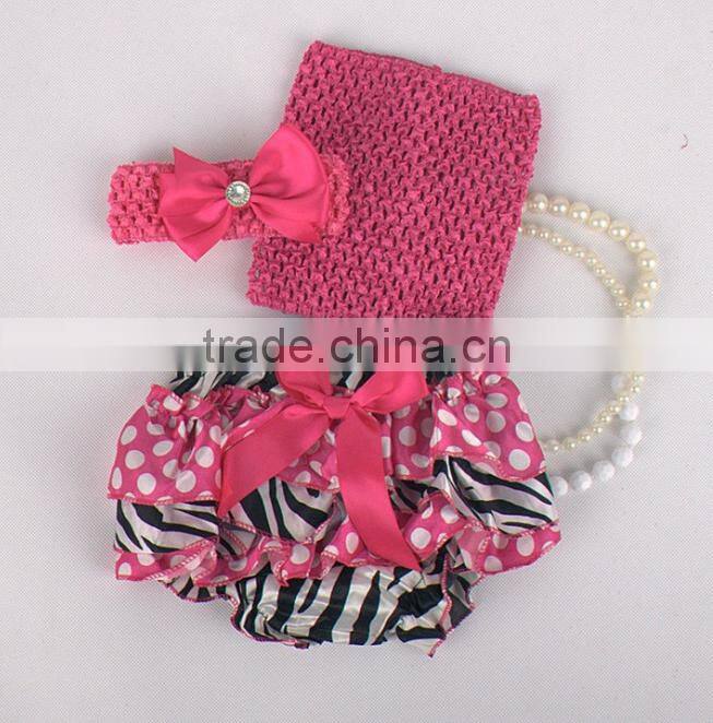 Hot sell Adorable baby diaper and crochet tube top3 sets , satin baby bloomers, baby ruffle bloomers