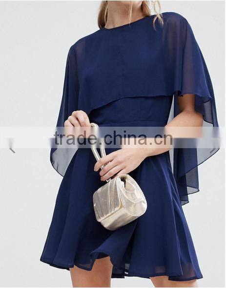 OEM Service Supply Type And Evening / Formal Dresses Type Elegant Evening Dress/ Navy Chiffon Dip Back Cape Mini Dress