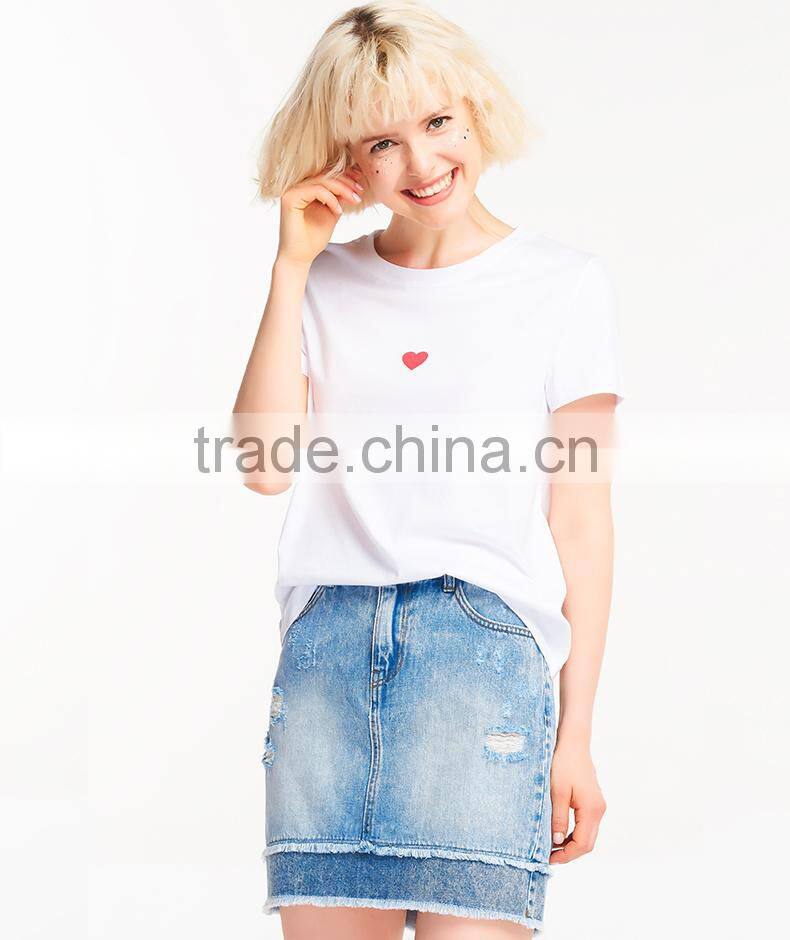 Lovely Heart pattern design custom printing 100% cotton custom O neck women white t shirt
