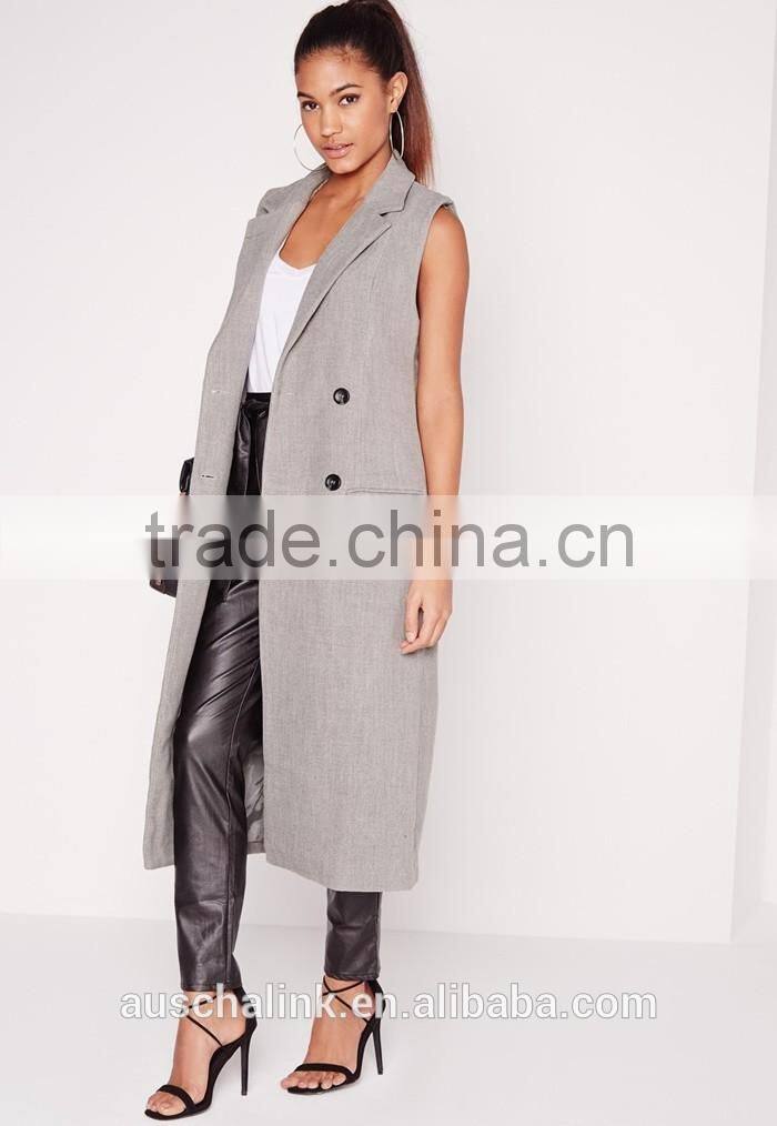 women fashion double breasted sleeveless wool maxi coat