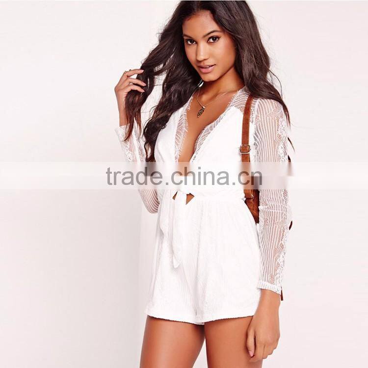 HAODUOYI Women White Lace Long Sleeve Deep V Neck Tie Front Playsuit