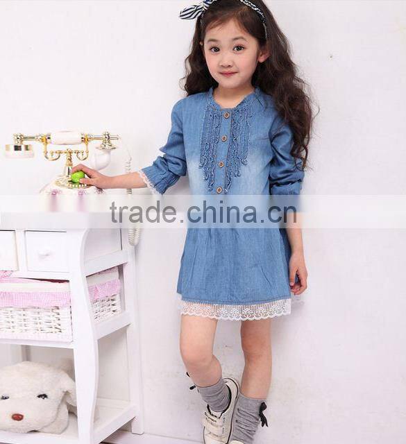 Fashion Kids Denim Blue Flower Lace Single-breasted Long Sleeve Girls Formal Dresses 20009