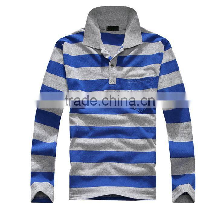 2016 hot sale custom 100% cotton long sleeve mens stripe polo shirts with pocket