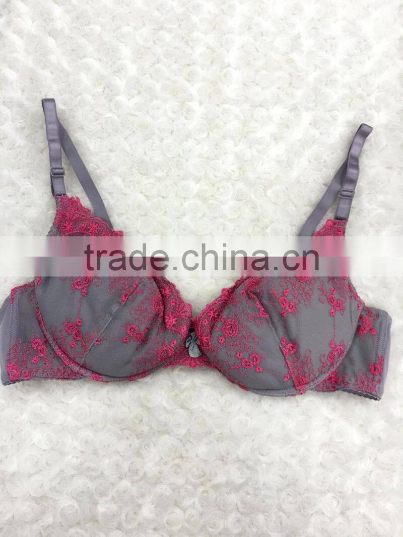 Young ladies stylish soft cup lace gray sexy women bra panty sets