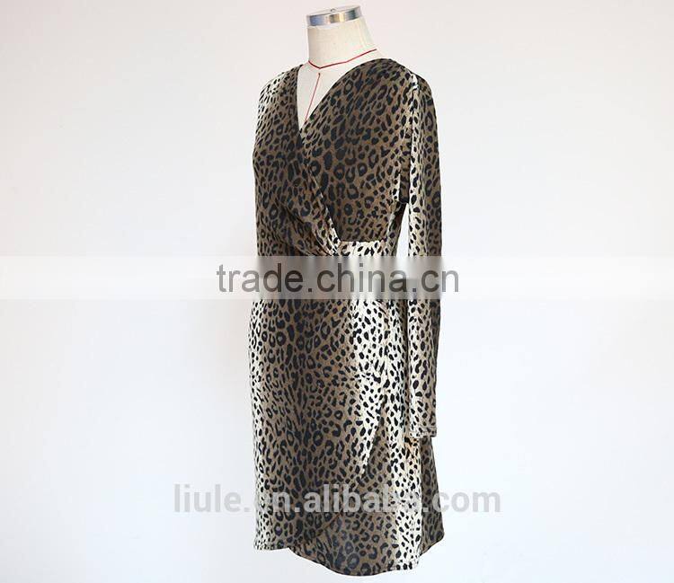 sexy deep v neck leopard printed irregular hem long sleeve dress short ladies night robe