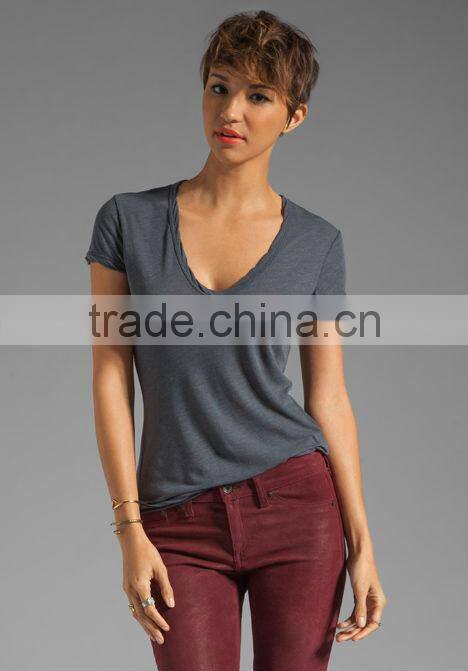 cotton polyester soft v neck short sleeve plain t-shirts for women