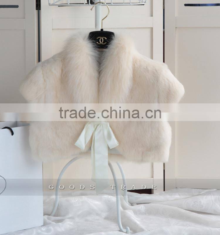 SJ131-01 Rabbit Fur with Fox Trimming Beautiful Bride White Wedding Shawls