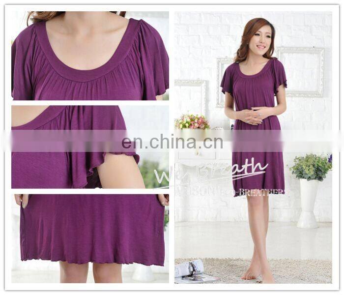 Ladies' eco-friendly bamboo fiber round neck night gown solid color FD