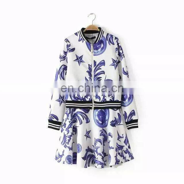 2015 Fashion dress autumn coat blue and white porcelain show thin two pieces dress ladies sportwear