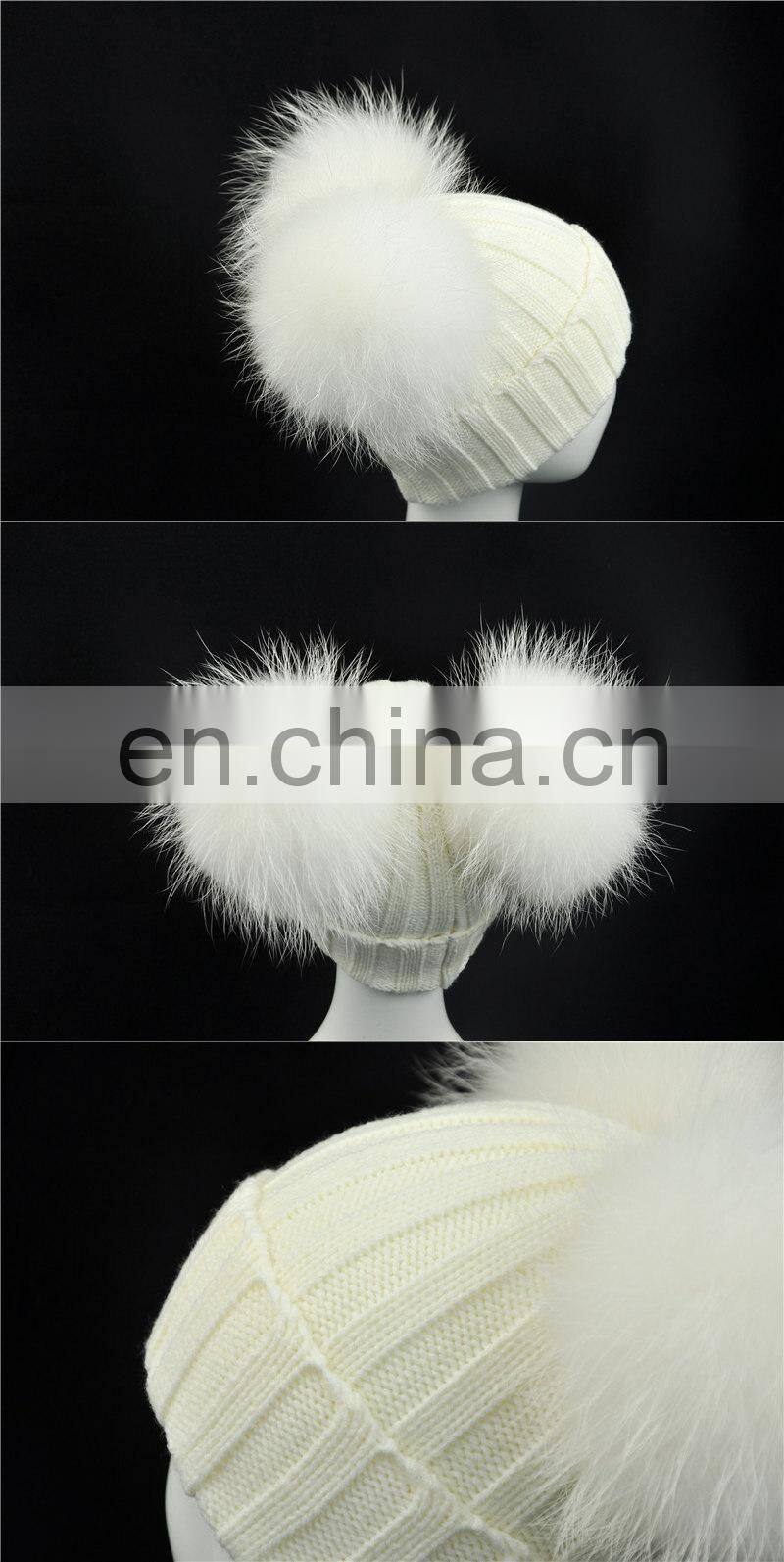 Brand Cute Baby Crochet Hats and Caps with Two Real Raccoon Fur Balls Top Color Matching Hat