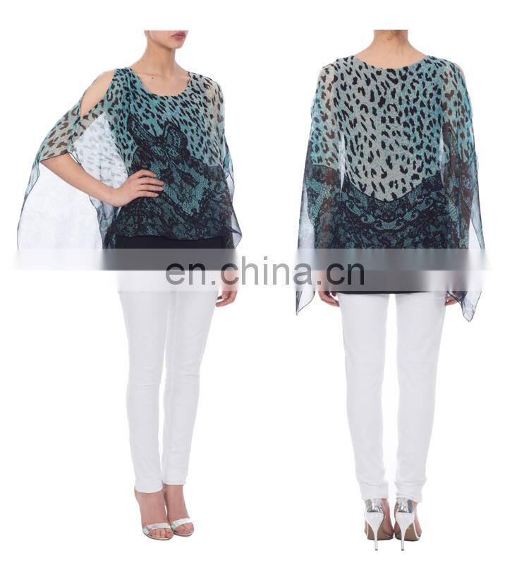 Batwing Sleeve Chiffon Tribal Animal Print Poncho for Old Women