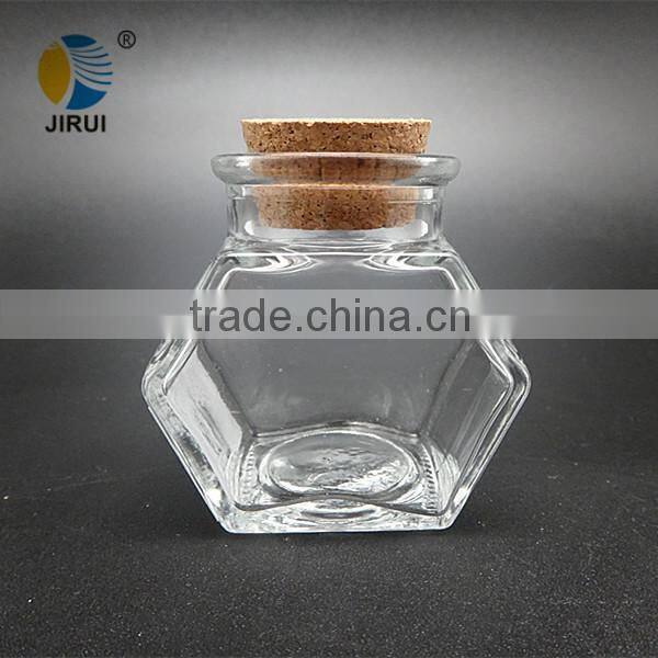 mini hexagon transparent glass food jar with cork