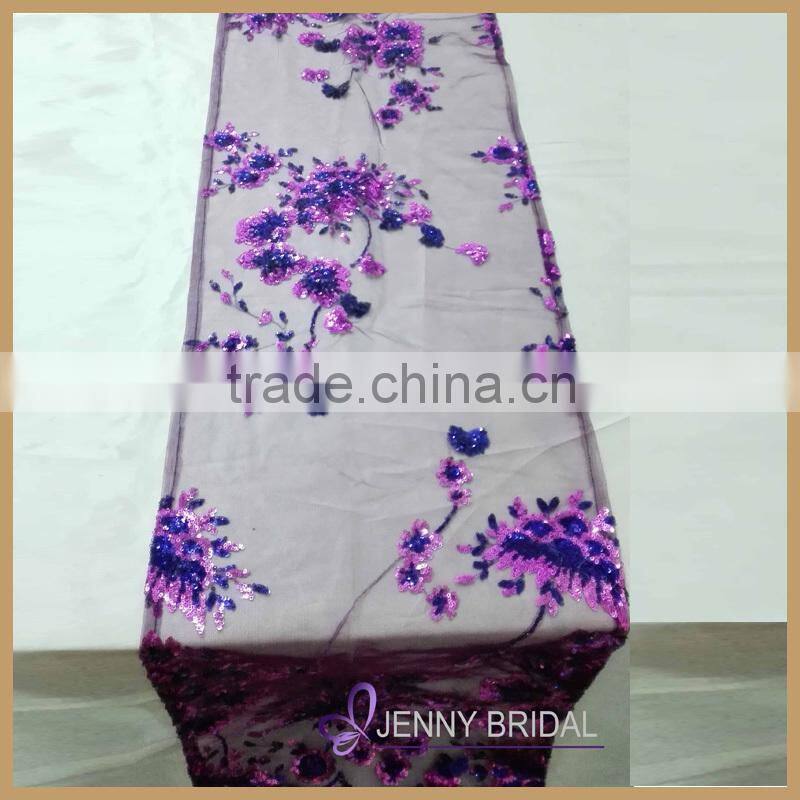TR012C Fancy Purple Sheer Embroidery Organza Table Runner for Round Tables