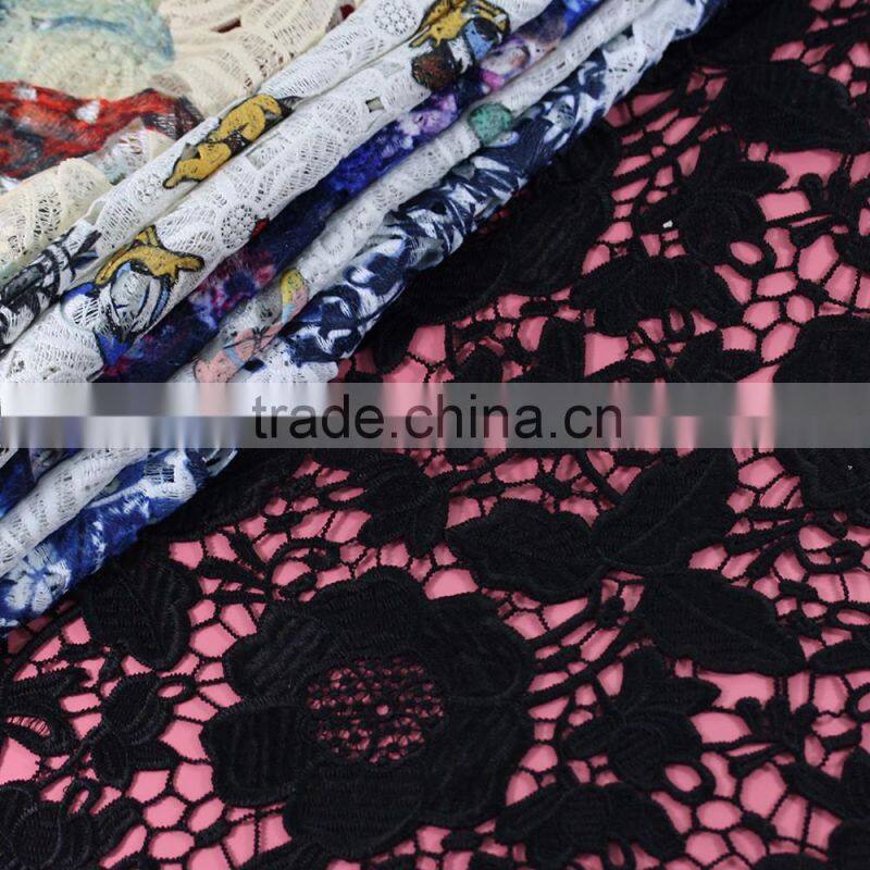 New dyeable lace fabric flower design black crochet cotton lace new design water soluble african fabrics