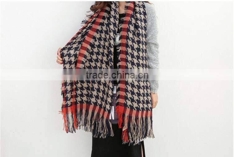 Latest Design Fringed Tassel Houndstooth Jacquard Fashion Woman Cashmere Scarf