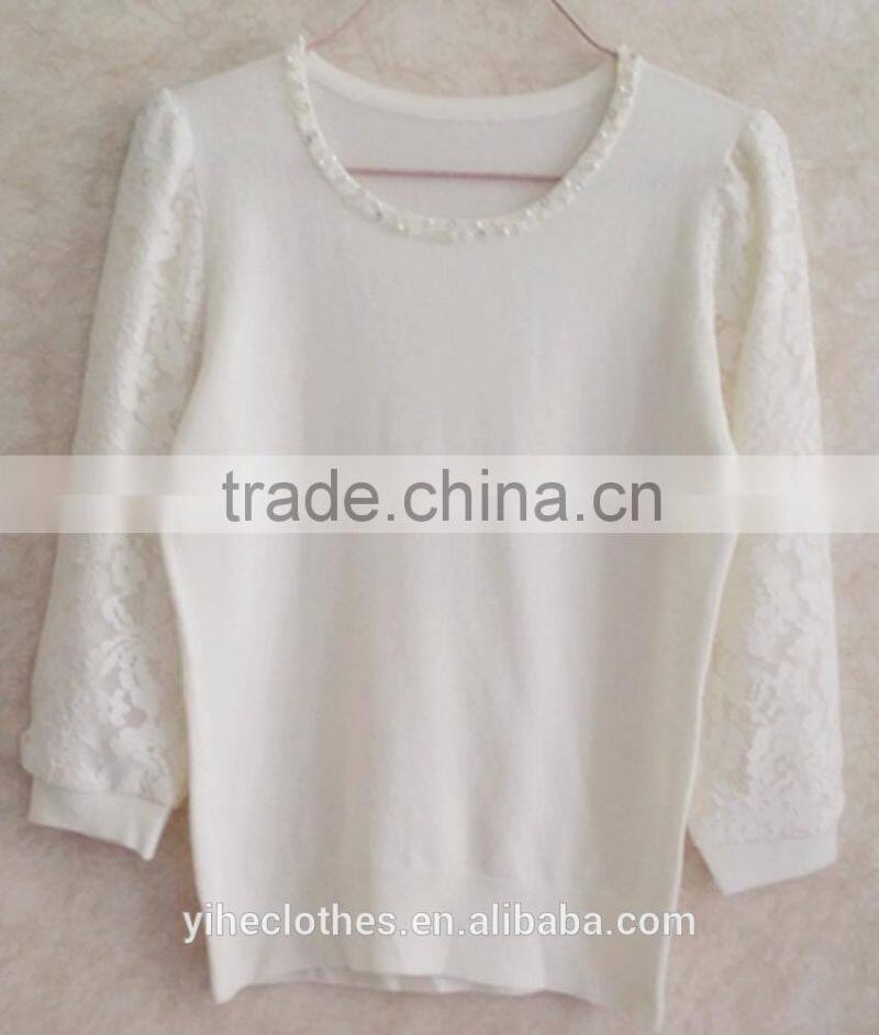 Three quarter sleeve knitting wear lace pullover for lady
