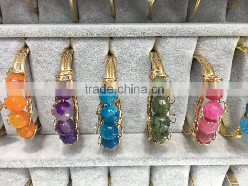 2016 New Arrival Gold Plated Drusy Agate Wire Bangle Many-sided Agate Beads Bangle