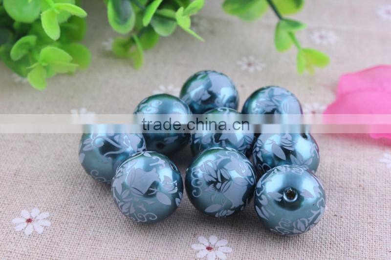 Factory price !!Imitated loose Round Acrylic faux Pearl Beads , Aqua flower Print fake Pearl Beads for party necklace using!!