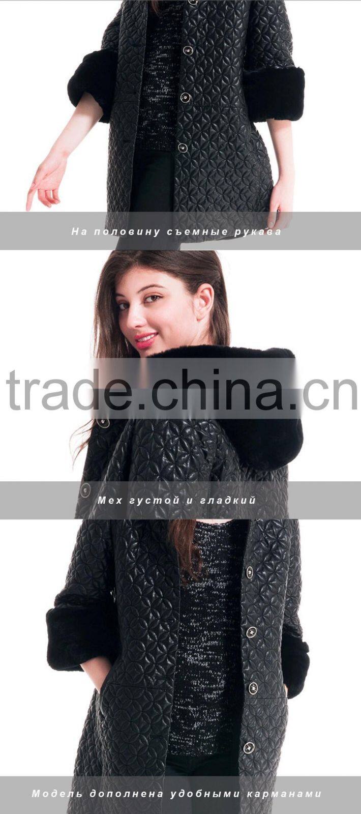 Winter Women Medium Length Embroidered Coat With Detachable Beaver Rabbit Skin Hat Overcoat