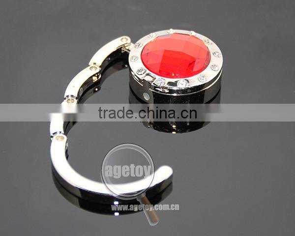 Round Red Crystal White Rhinestones Multi-function Fashion Handbag Hook Hanger Promotion Metal Foldable Mirror Bag Holder