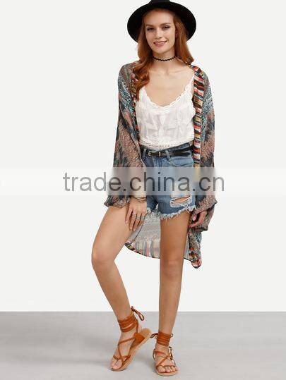 Kimonos latest fashion design women clothing Multicolor Vintage Print Tie-dye Trim Kimono
