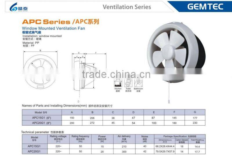 6 inch Kitchen/Bathroom Window Mounted/installation Round Ventilation Fan APC G1