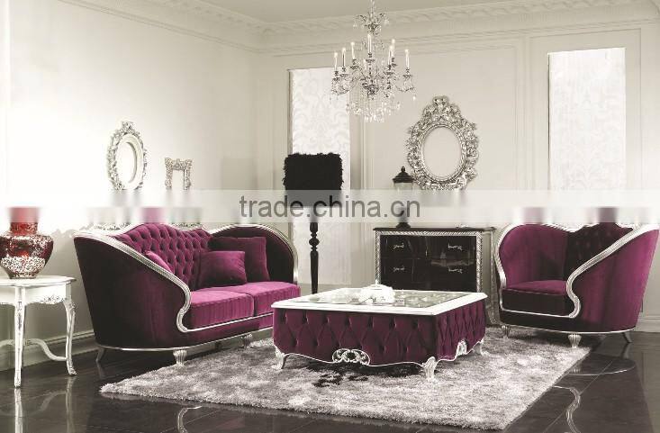 Luxury European style wooden living room purple sofa set