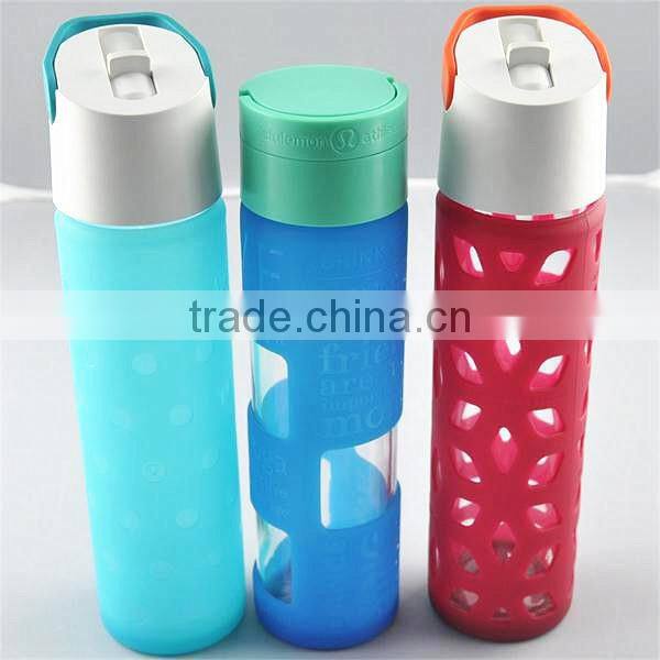 See- through window glass water bottle with silicon gel protective sleeve