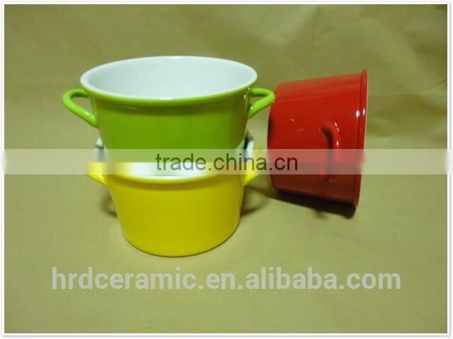 Large colorful two handle porcelain ceramic bowl,white porcelain