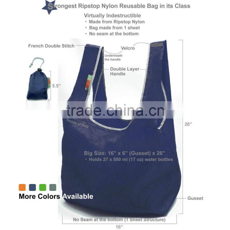 Eco ripstop Nylon Foldable Reusable Bag Tote Grocery Bag Built-in Pouch