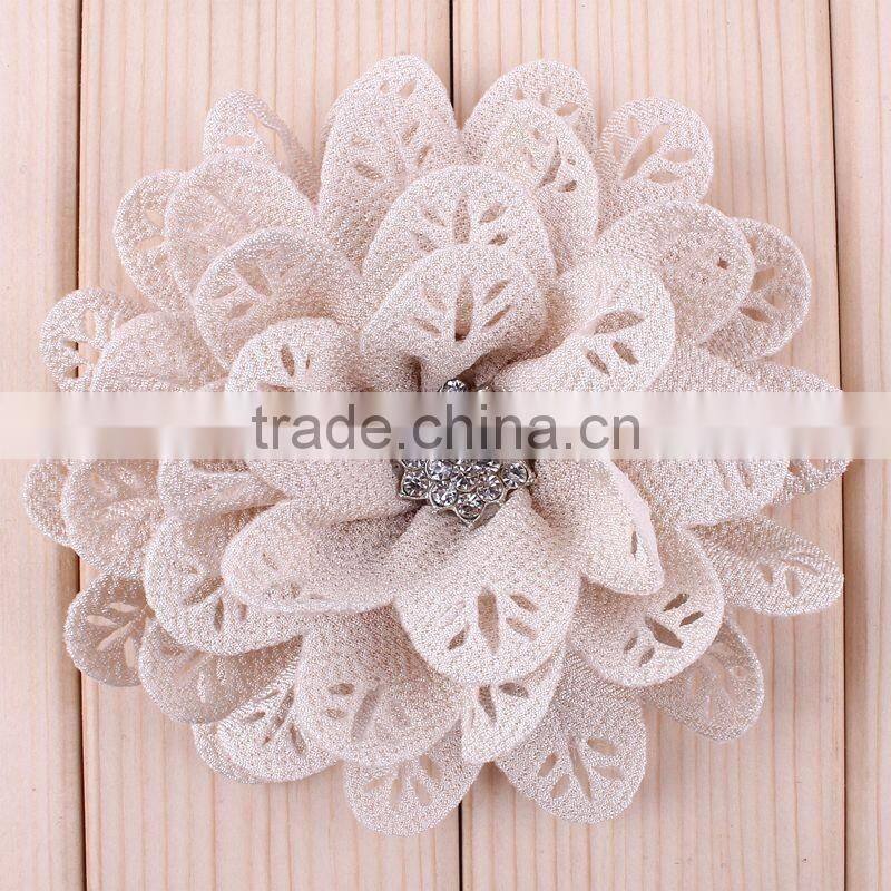 hot cutting fabric flower with rhinestone center for kids hair accessories