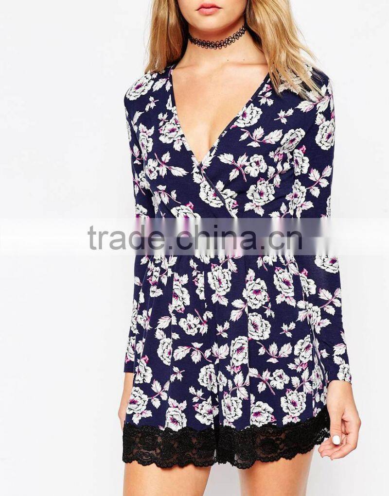 2015 fashionable hot sale OEM customized Wrap Romper with Lace Hem in New Floral Print
