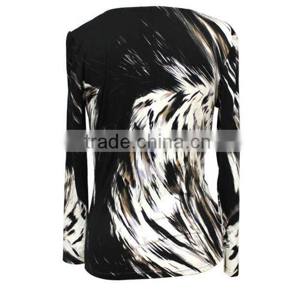 OEM factory cowl neck long sleeve stretchy cotton jersey ladies knitted white black leopard printed blouse