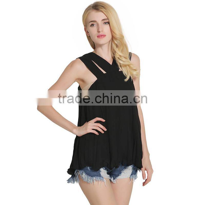 Maxnegio new fashion black strap sleeveless chiffon blouse ladies tops latest design