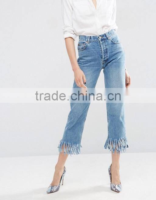New pattern Latest design jeans pants women tight jeans flared with tassel from jeans manufacturers china