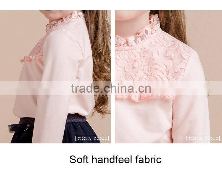 2017 Spring Girls High Neck t Shirt With Lace Long Sleeve Kids Clothing Designs For Girl