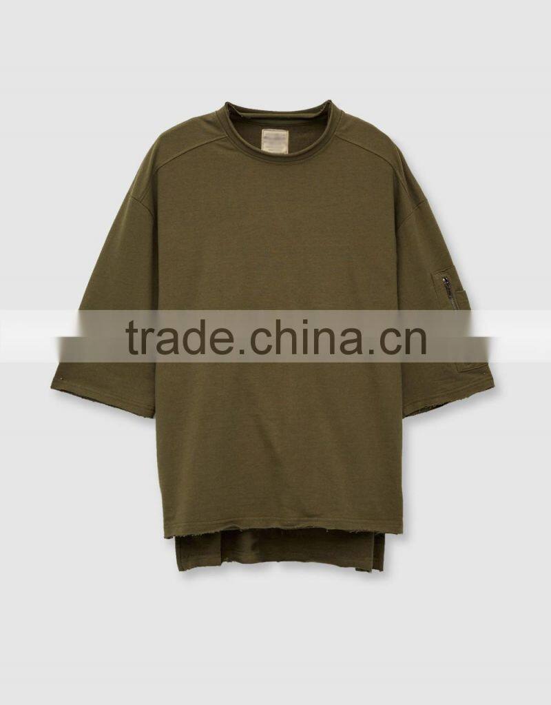 High Quality Men Custom Plain French terry Crewneck Raw Hem Oversized Sweatshirts with 3/4 Sleeve