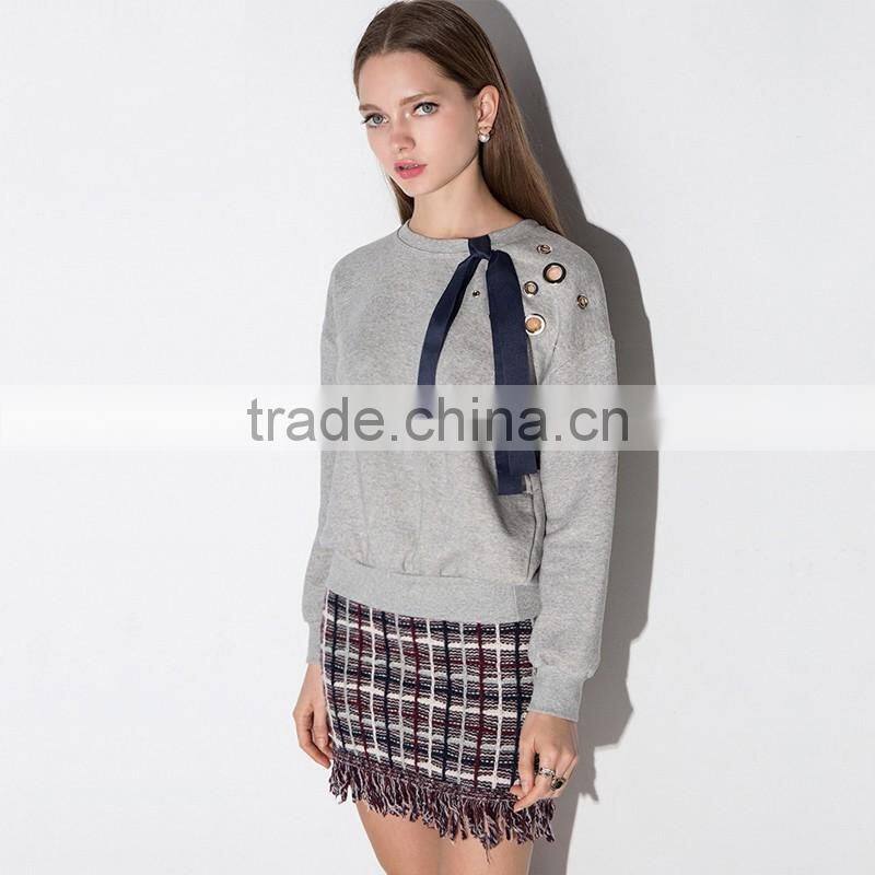 New!Girls cotton loose crewneck sweatshirt pullover with eyelet detail