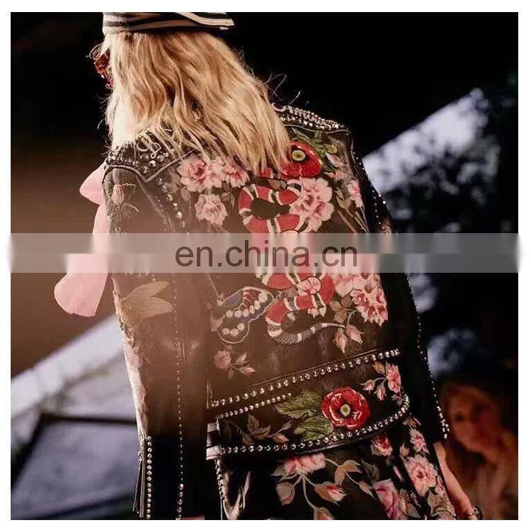 New Arrival Embroidery Leather Jacket for Women Real Motorcycle Leather Jacket