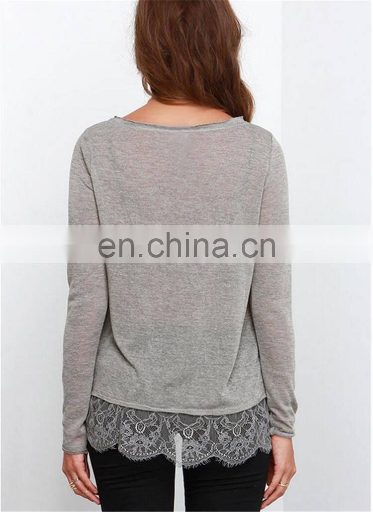 Wholesale 2016 New Fashion Lace Blouse Designs Lady Long Sleeve Sexy Floral Print Grey Blouse