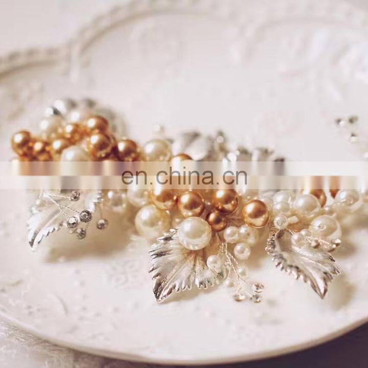 Amelie Handmade Women Hair Jewelry Alloy Leaves and Pearls Accessories Wedding Hair Clip Bridal Headwear Headpiece Prom Boho