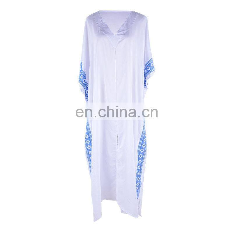 2019 Casual V-Neck Bats Sleeve Side Split Beach Kaftan Loose Summer Dress White Cotton Tunic Women Street Wear Maxi Dress