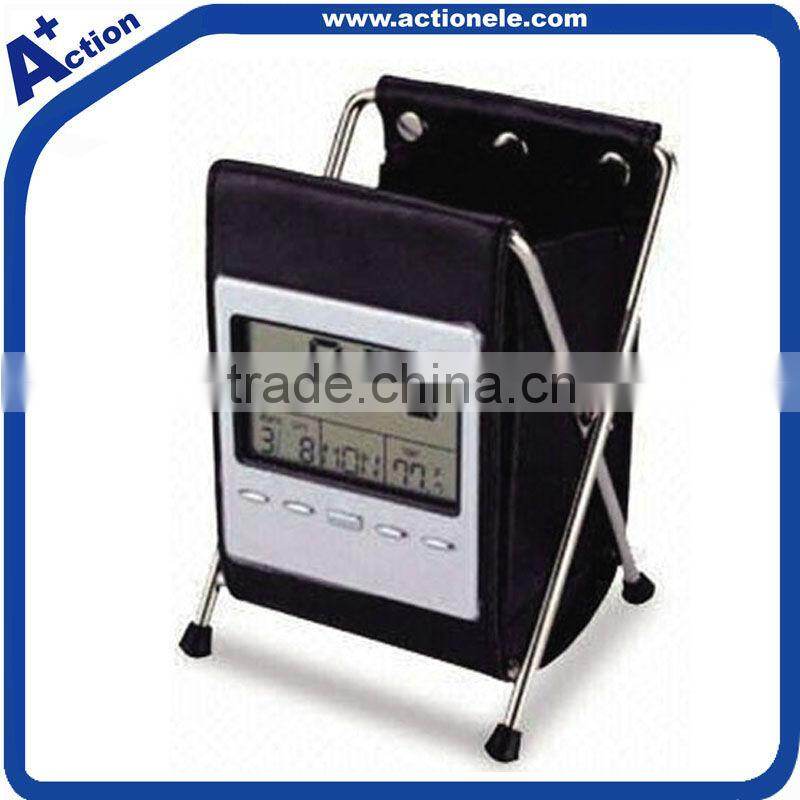 leather penholder digital alarm table clock