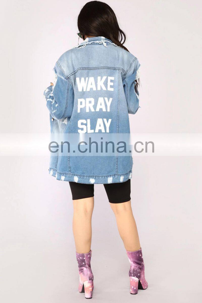 OEM custom hot sale print fall jackets women distress denim jean jacket for women