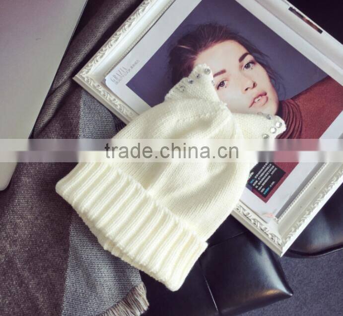 Fashion Charm Ladies Rhinestone Jewelry Pearl Bowknot Ear Cap Hat Beanie